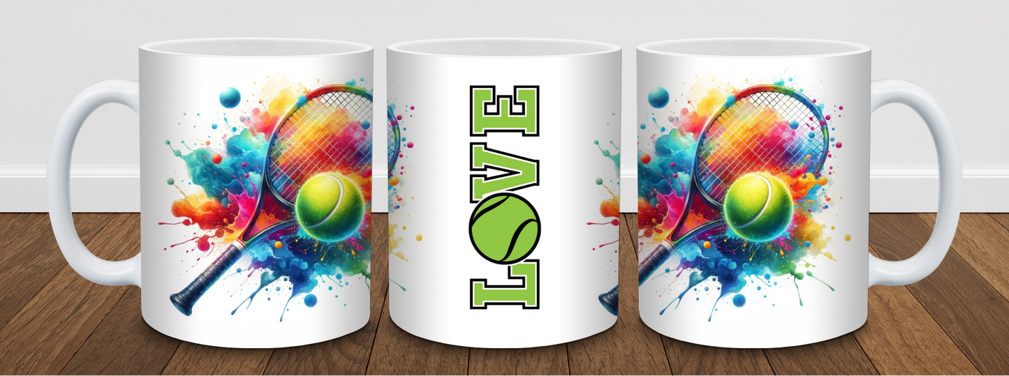 Tennis Love Mug โ Color Splash Racket & Ball Design