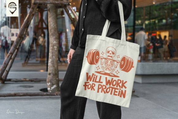 Will Work For Protein – Skeleton Tote Bag | Funny Gym & Fitness Tote