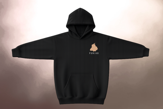 Punjab Scenic Typography Hoodie – Front Minimal Map + Back “ਪੰਜਾਬ” Field Art (Black)