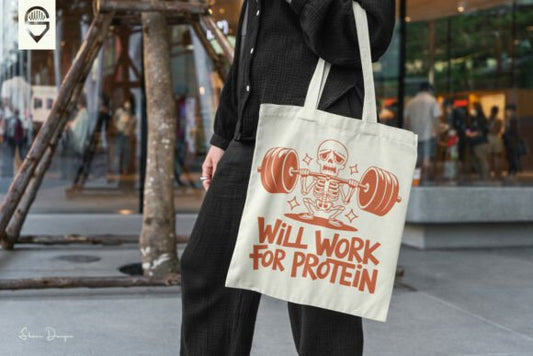Will Work For Protein – Skeleton Tote Bag | Funny Gym & Fitness Tote