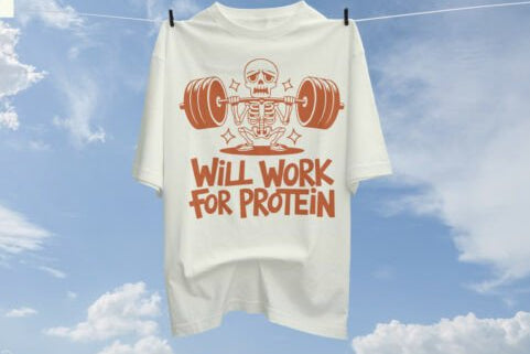 Will Work For Protein – Skeleton Gym T-Shirt | Funny Fitness Tee